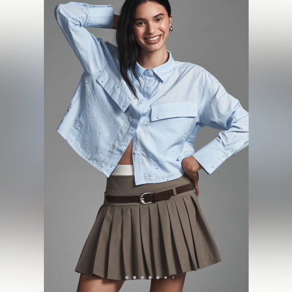 Anthropologie Maeve Patch Pocket Crop Buttondown Shirt - Picture 2 of 13